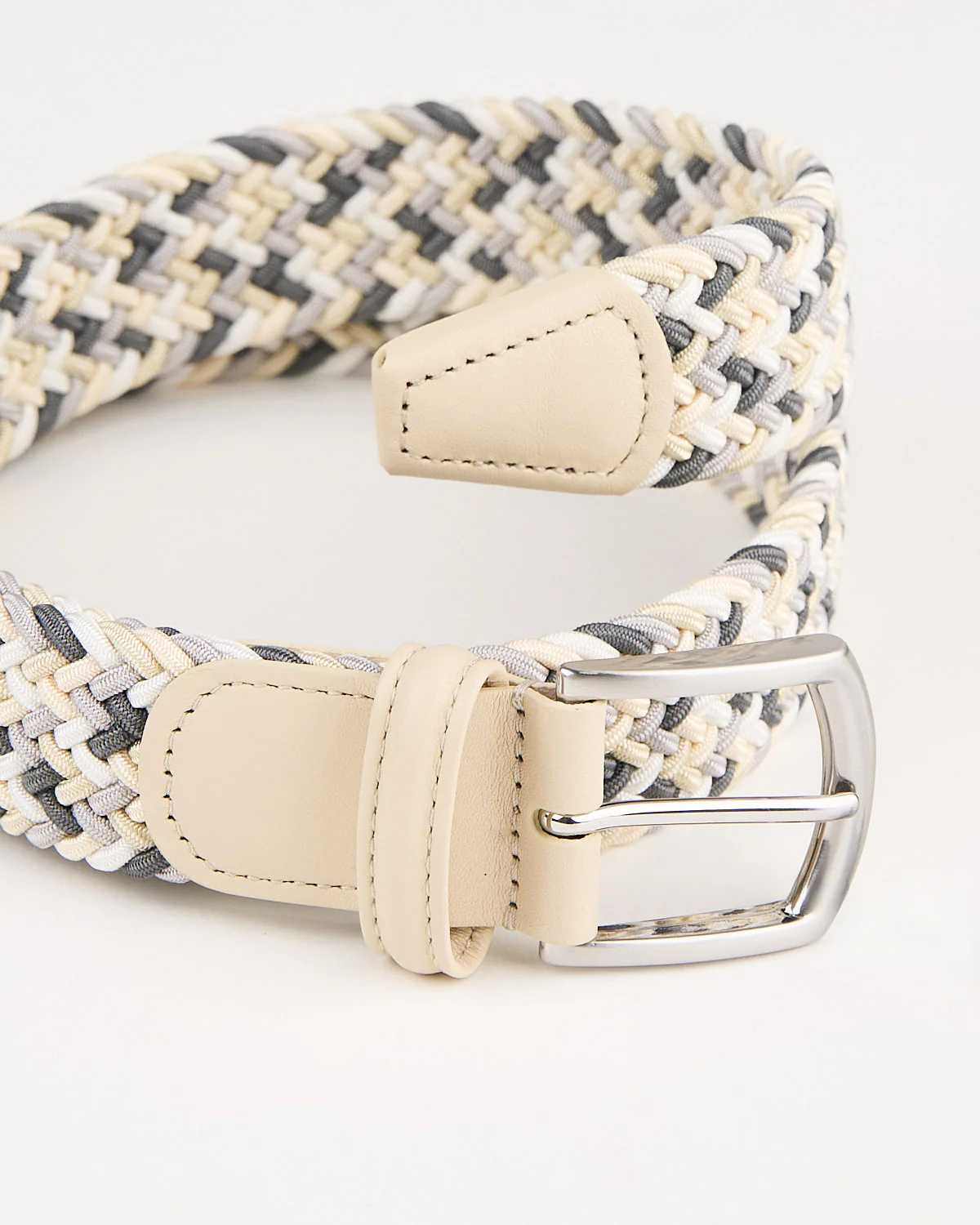 Ivory White & Grey Multi Coloured Braided Stretch Belt - Image 3