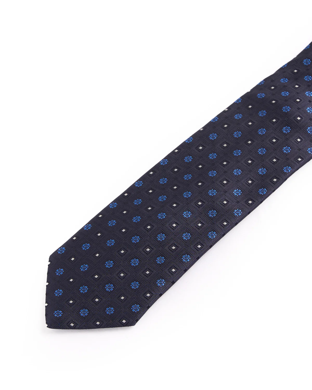 Dark Blue Geometric Woven Silk Tie - Image 2