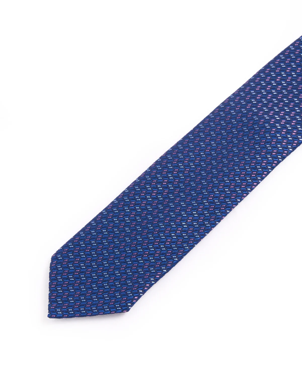 Dark Blue Geometric Woven Silk Tie - Image 2