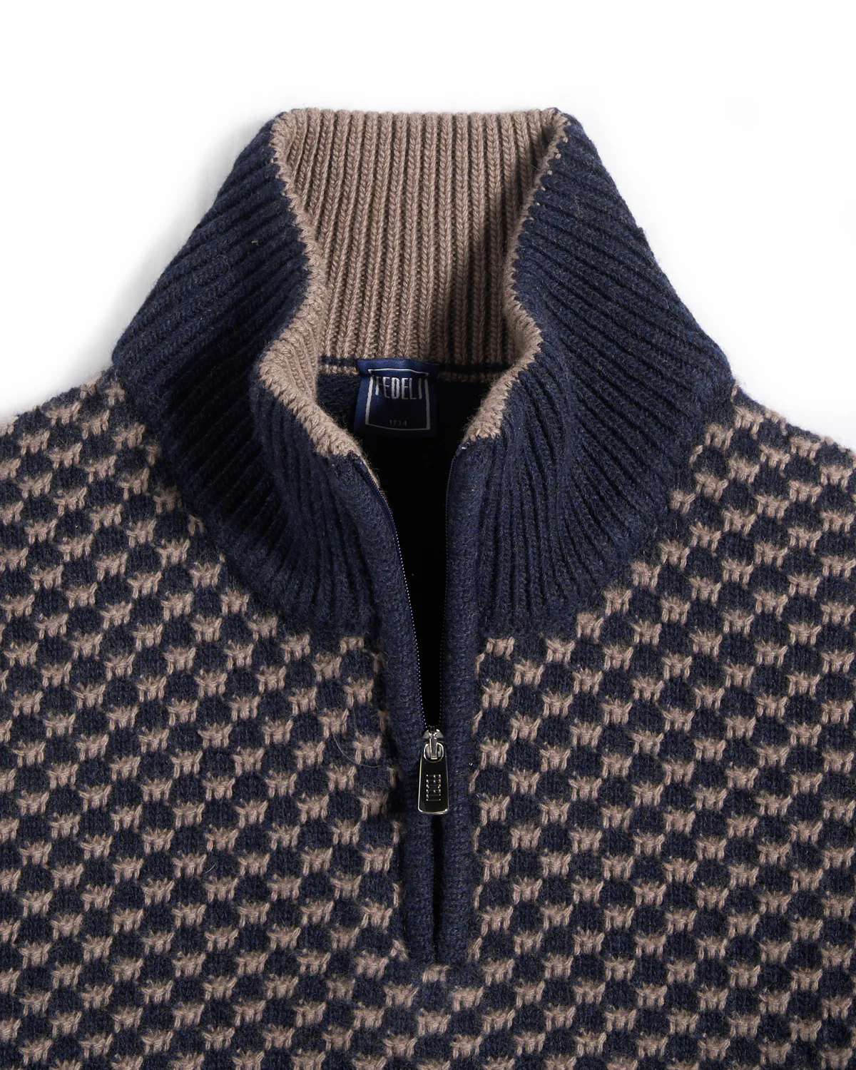 Checkerboard Knit Wool Quarter Zip Sweater - Image 4