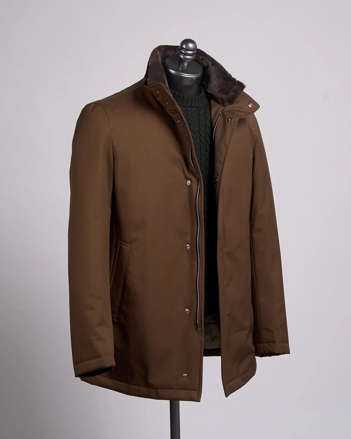 Nylon Twill Car Coat W/ Removable Fur Collar