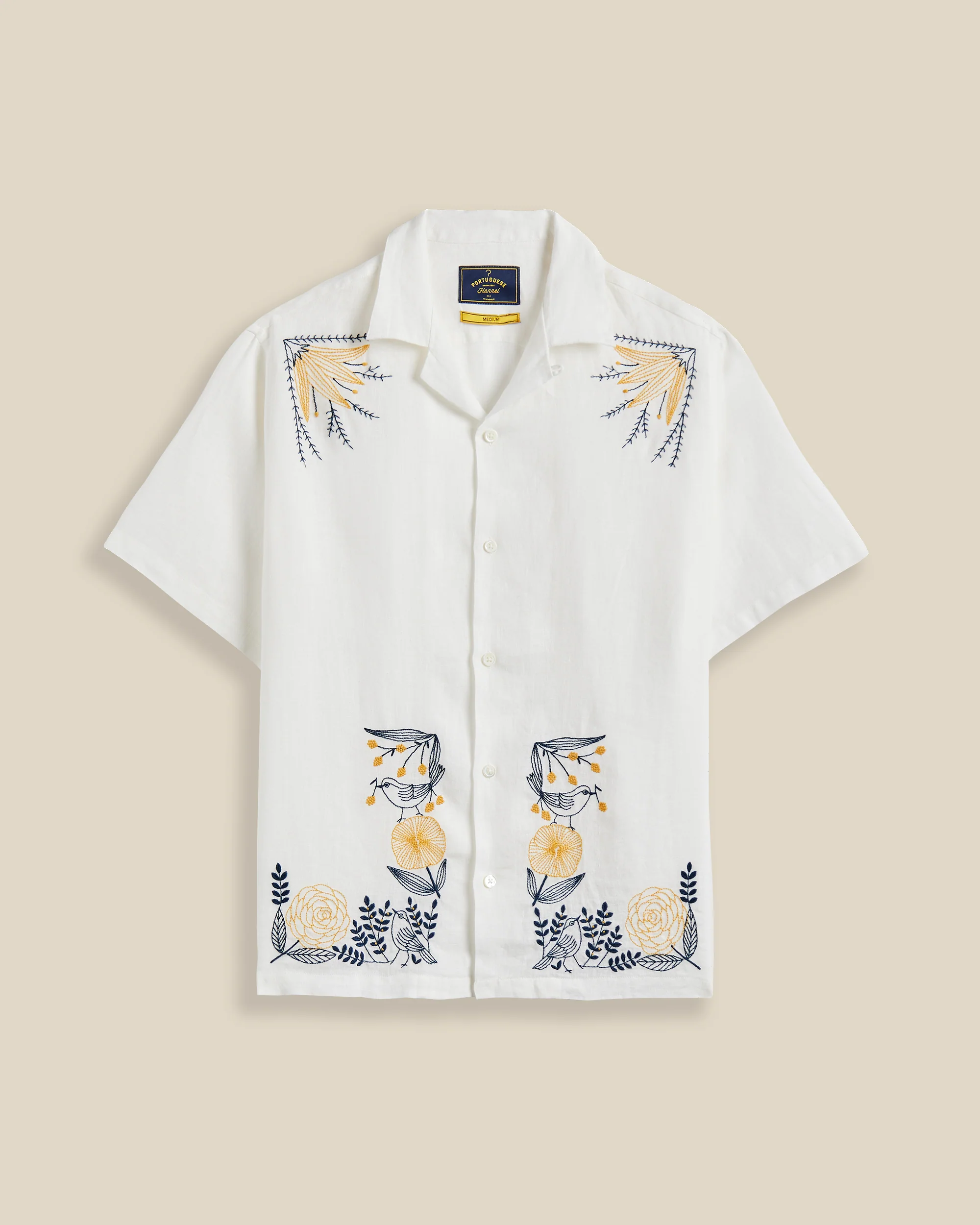 Hand Embroidered Bird & Flowers Camp Shirt